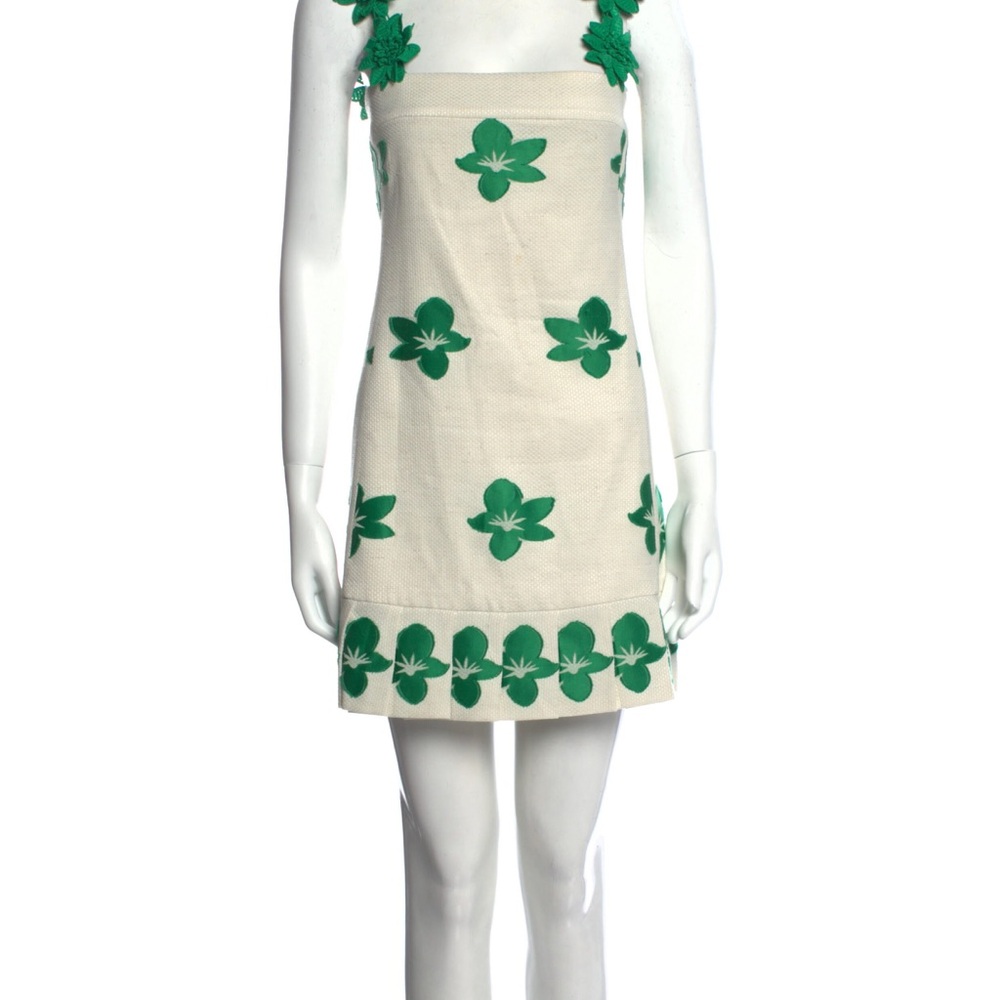 Alexis Cream Mini Dress with Green Floral Appliqué